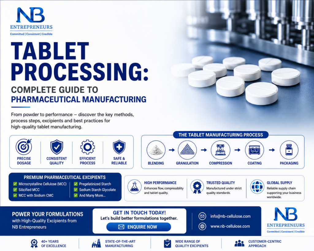 Tablet Processing Guide for Pharmaceutical Manufacturing by NB Entrepreneurs featuring tablet manufacturing process and premium pharmaceutical excipients.