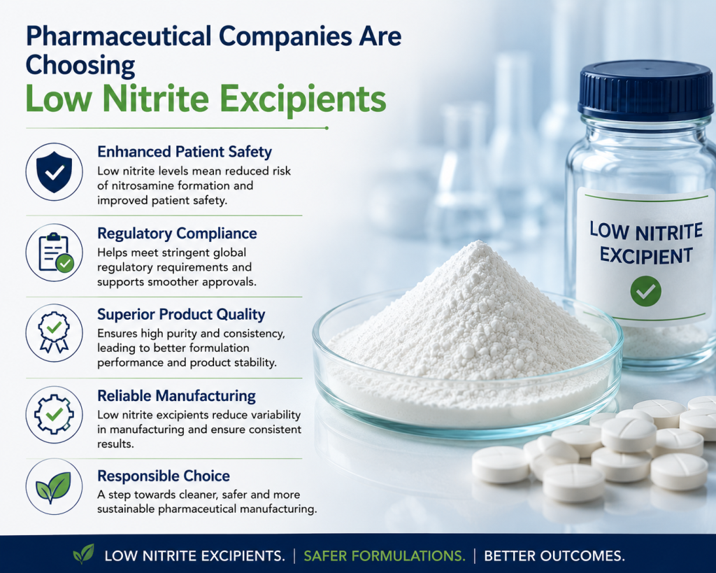 Benefits of low nitrite pharmaceutical excipients, including enhanced patient safety, regulatory compliance, superior formulation quality, and reliable pharmaceutical manufacturing.