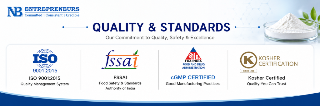 NB Entrepreneurs Quality & Standards featuring ISO 9001:2015, FSSAI, cGMP, and Kosher certifications for pharmaceutical-grade microcrystalline cellulose manufacturing.