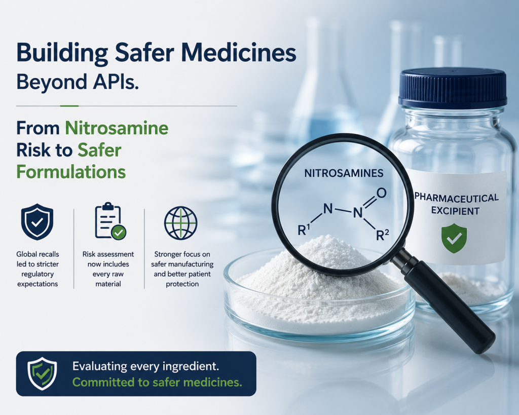 Illustration highlighting nitrosamine risk assessment in pharmaceutical formulations and the role of low nitrite excipients in developing safer medicines and meeting global regulatory expectations.